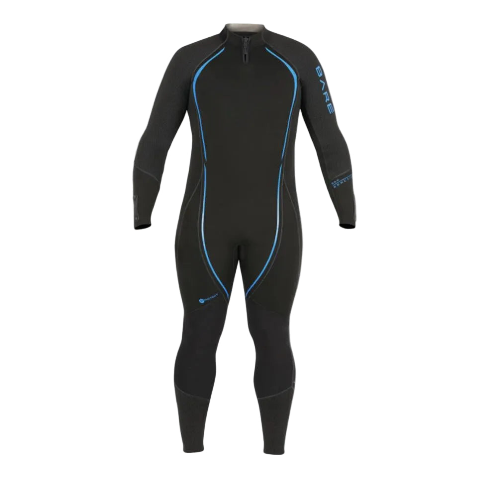 Black wetsuit with blue accents on a white background