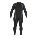 Black wetsuit with blue accents on a white background