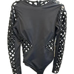 Black swimsuit with a unique shoulder design