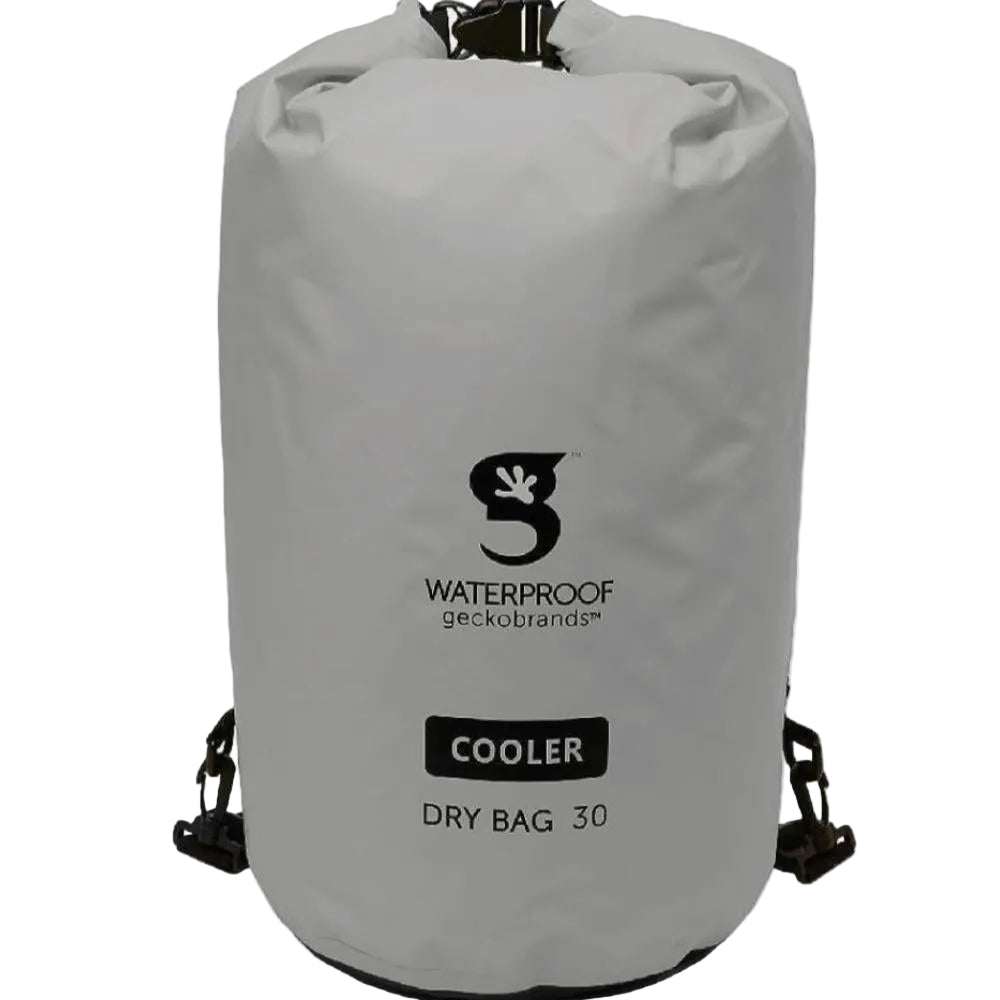 Gray waterproof dry bag with 'geckobrands' logo on a white background