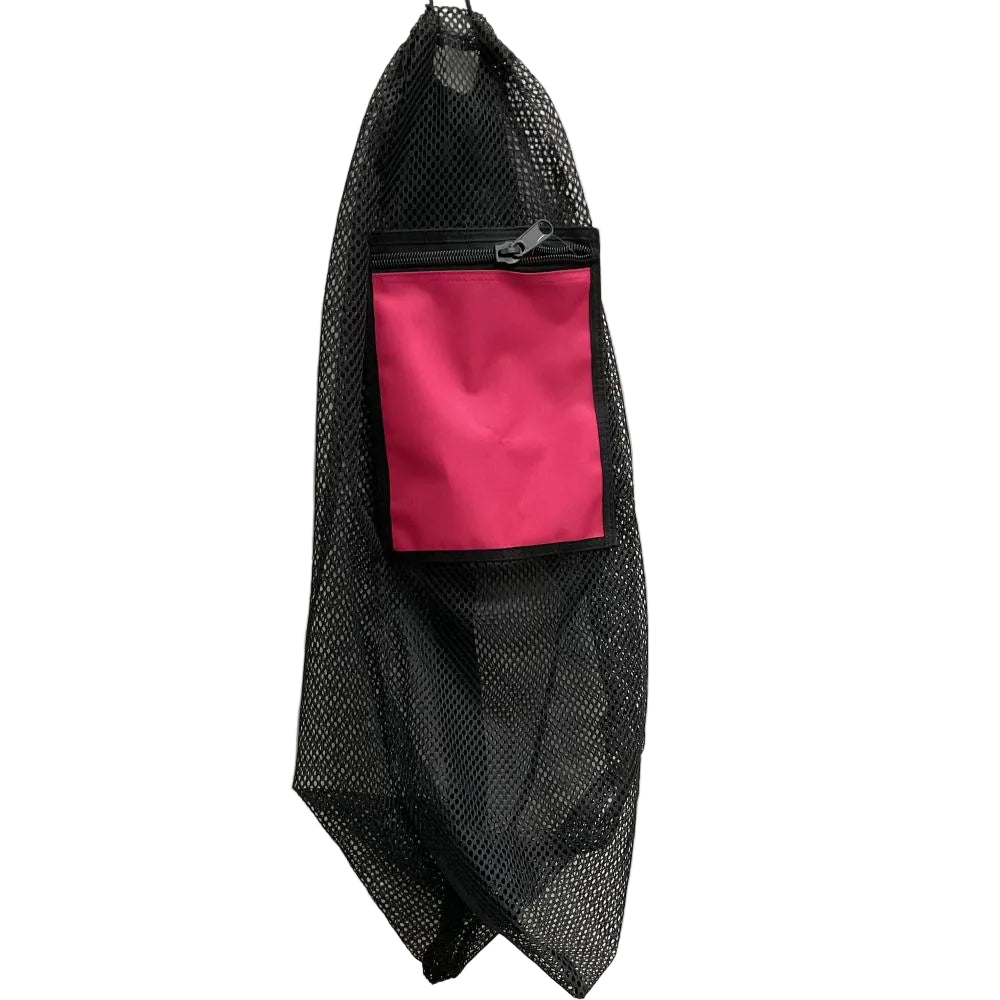 Black mesh bag with a pink pouch