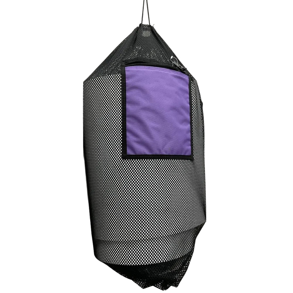 Black mesh bag with a purple interior pocket hanging
