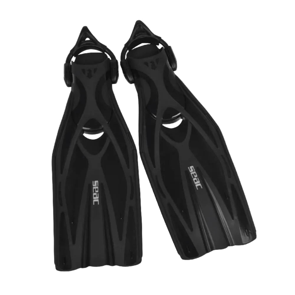 Pair of black diving fins on a white background